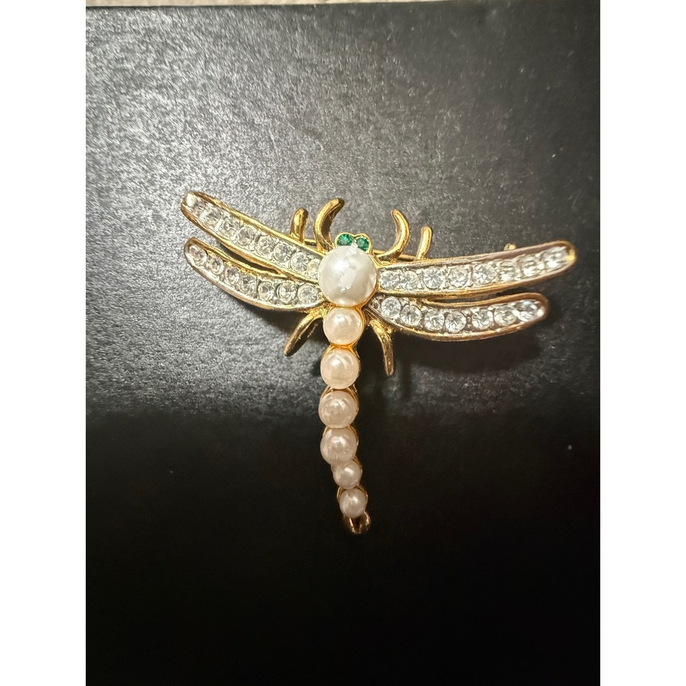 Sparkling Dragonfly Brooch Pin Crystal Faux Pearl Body Gemstone Eyes Gold Tone